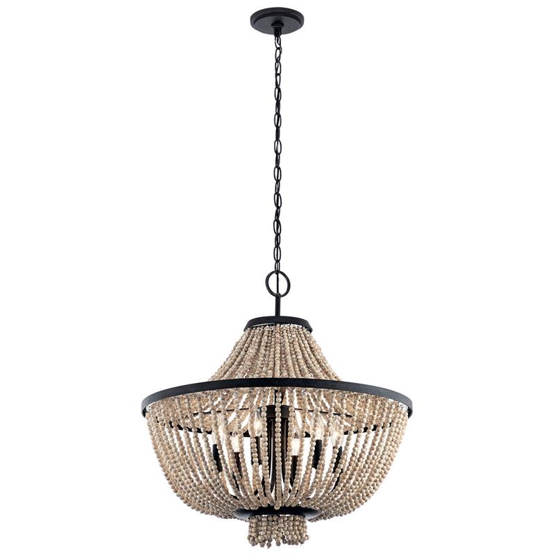 Brisbane Chandelier - Coastal French Country Wood Bead & Iron Pendant