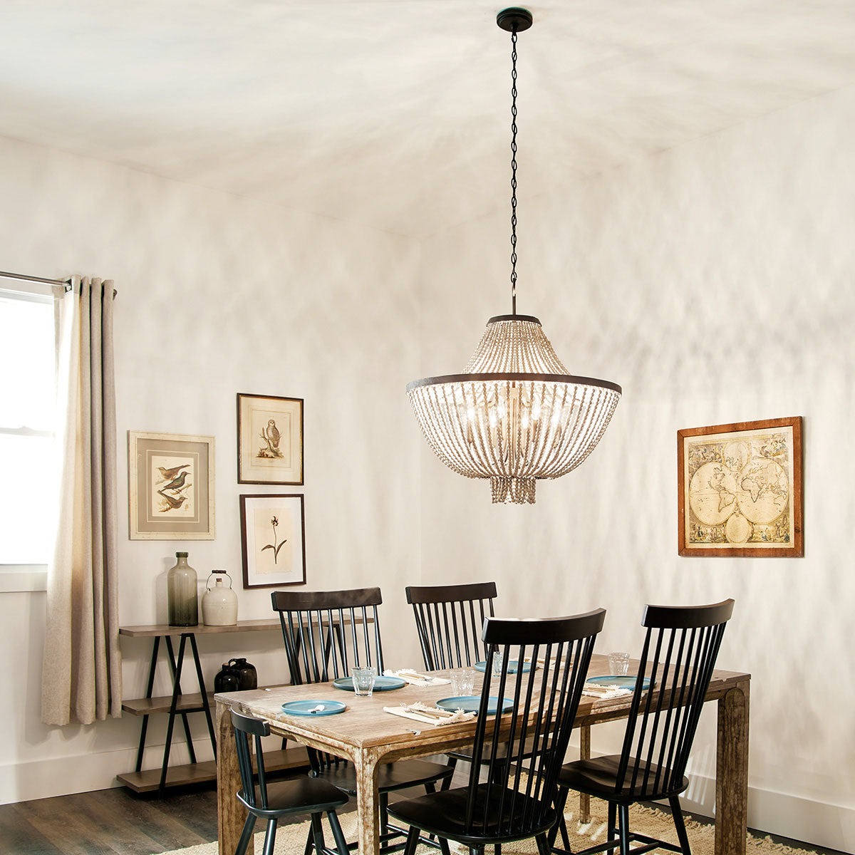 Brisbane Chandelier - Coastal French Country Wood Bead & Iron Pendant