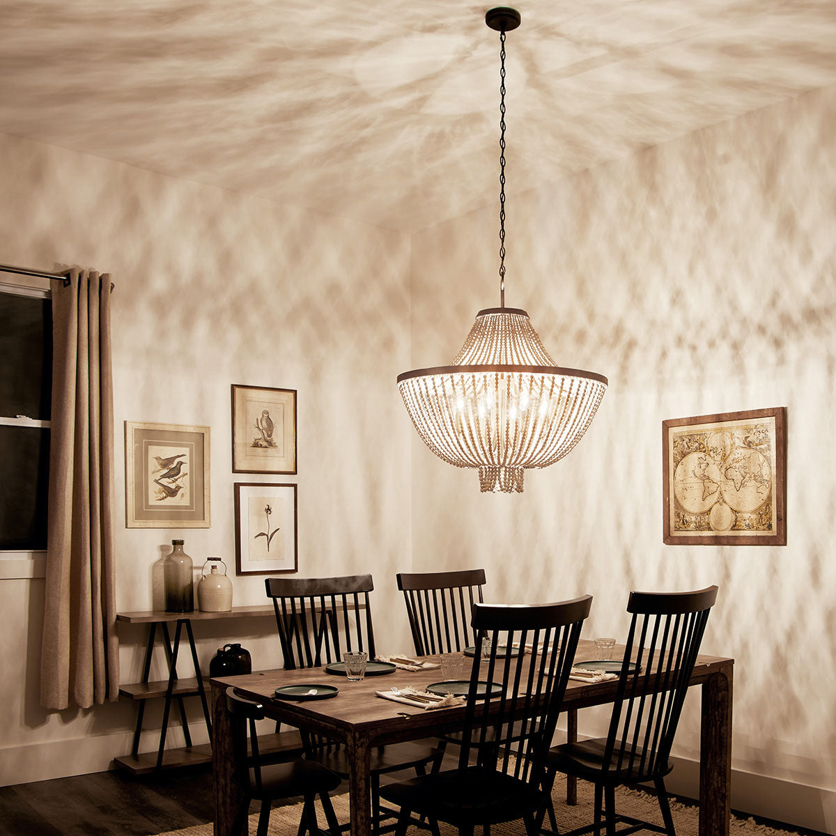 Brisbane Chandelier - Coastal French Country Wood Bead & Iron Pendant