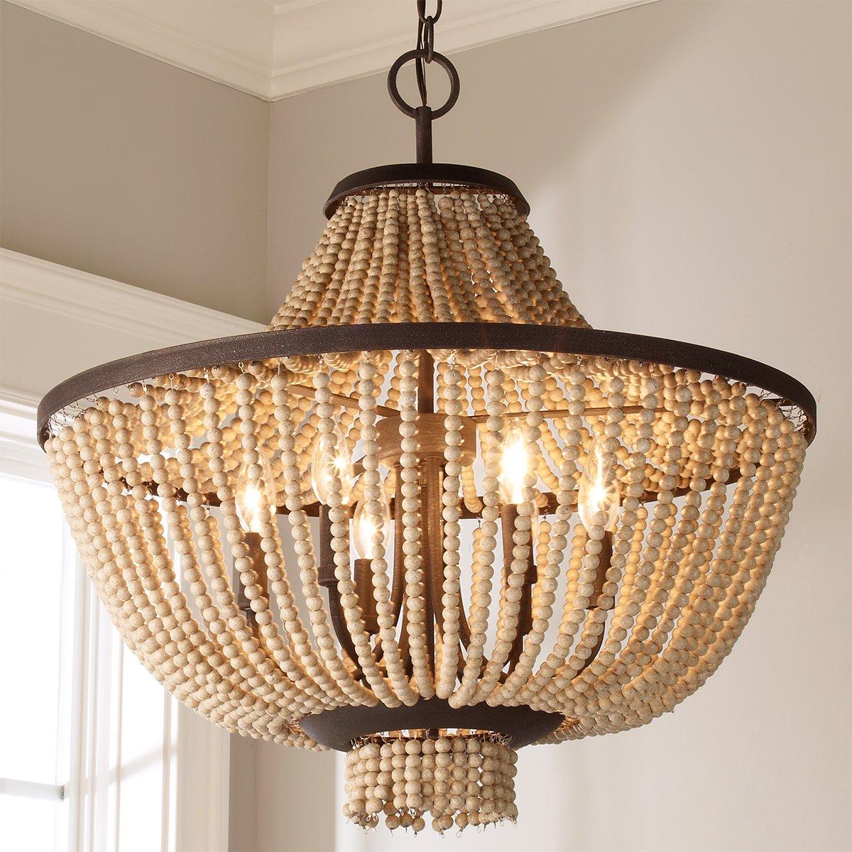 Brisbane Chandelier - Coastal French Country Wood Bead & Iron Pendant