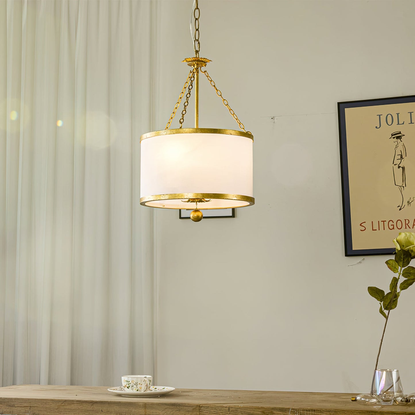 Broche Drum Pendant Lamp - Wrought Iron Floral Leaf Chandelie