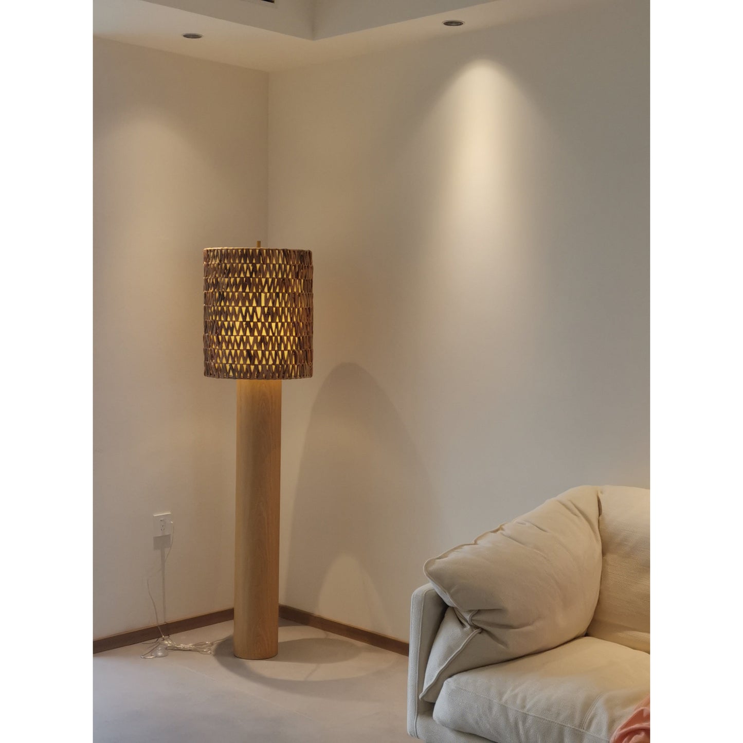 Brodie Wood Floor Lamp - Handmade Rattan & Chevron Weave Standing Light