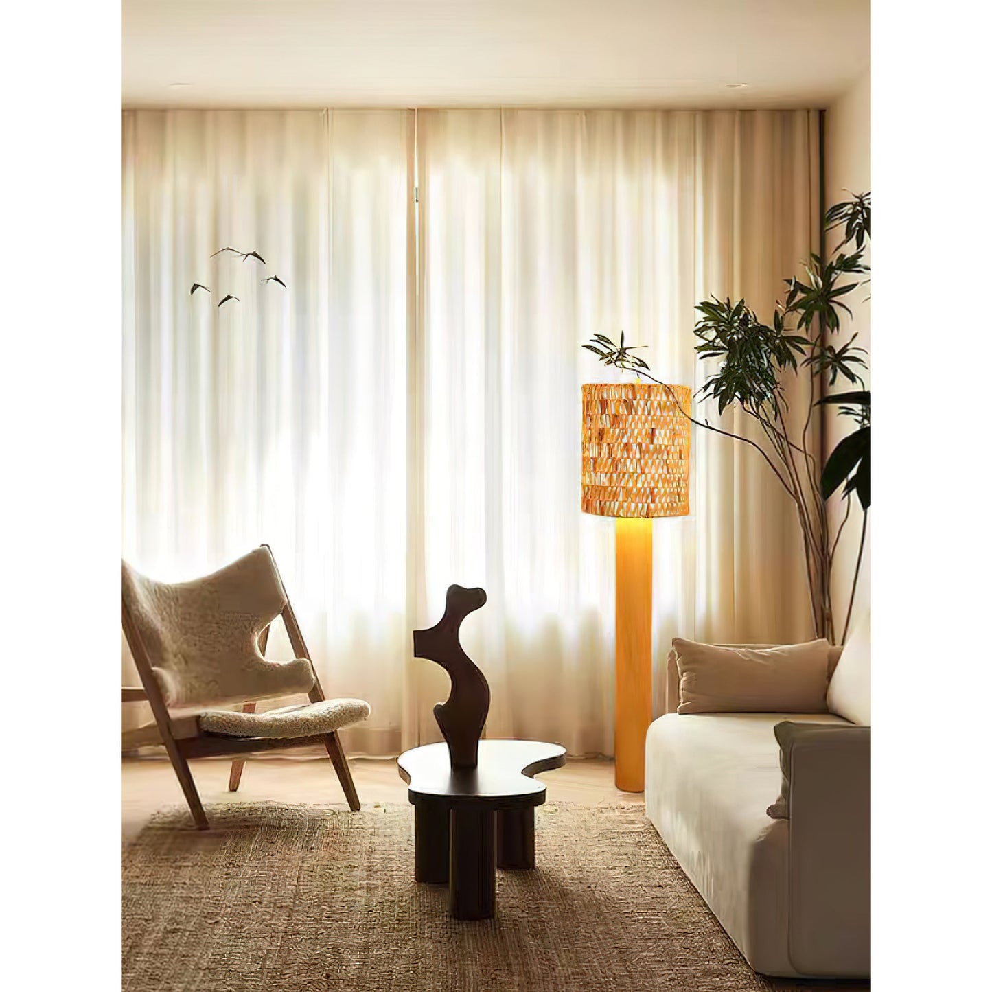 Brodie Wood Floor Lamp - Handmade Rattan & Chevron Weave Standing Light