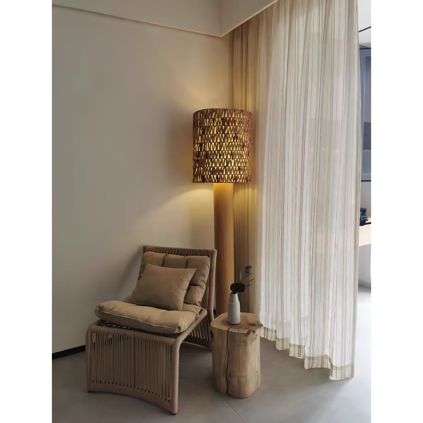 Brodie Wood Floor Lamp - Handmade Rattan & Chevron Weave Standing Light