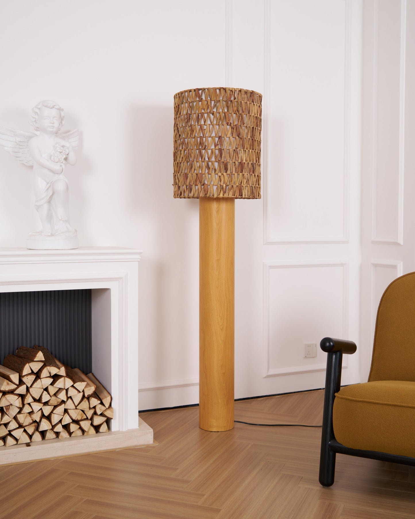 Brodie Wood Floor Lamp - Handmade Rattan & Chevron Weave Standing Light