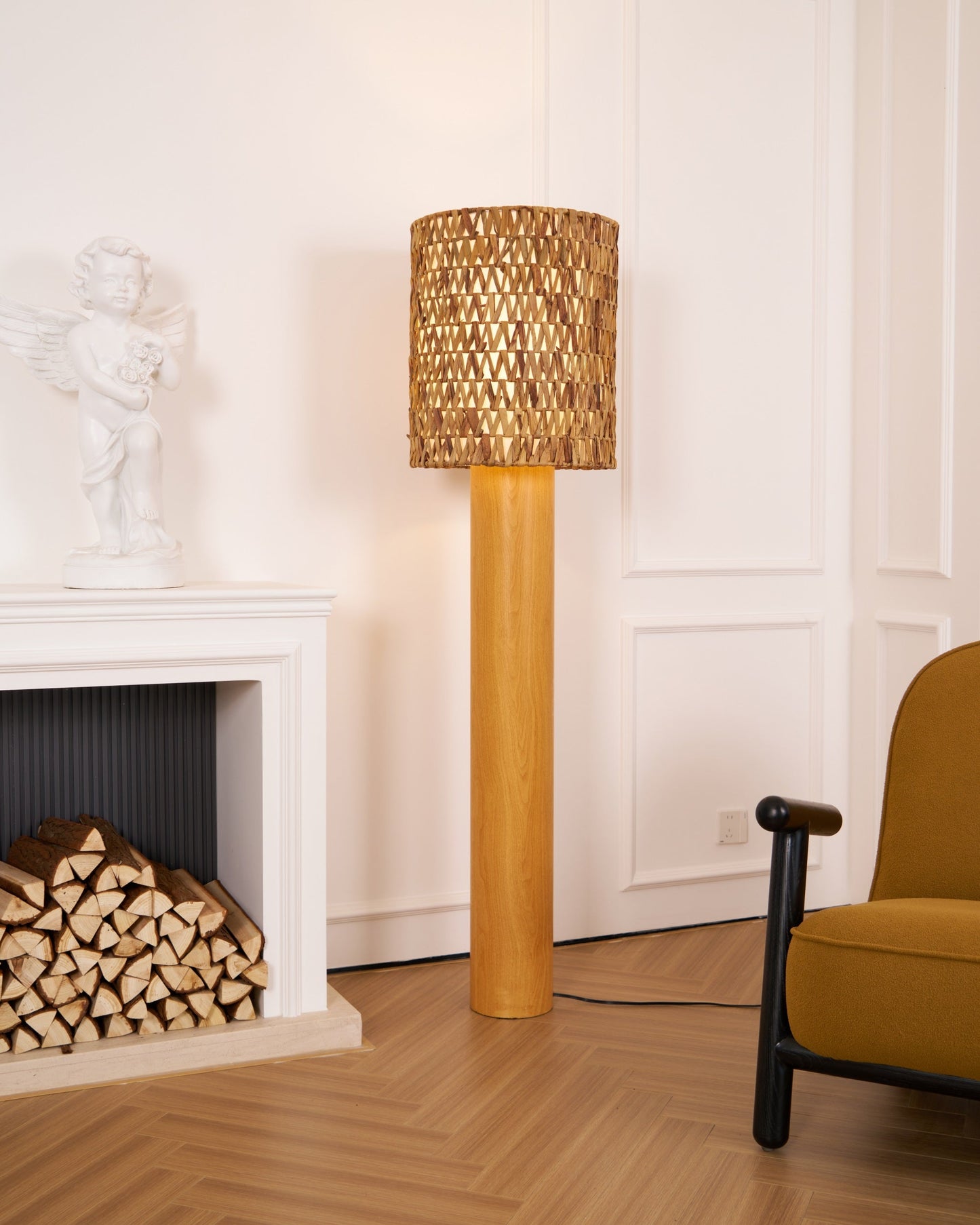 Brodie Wood Floor Lamp - Handmade Rattan & Chevron Weave Standing Light