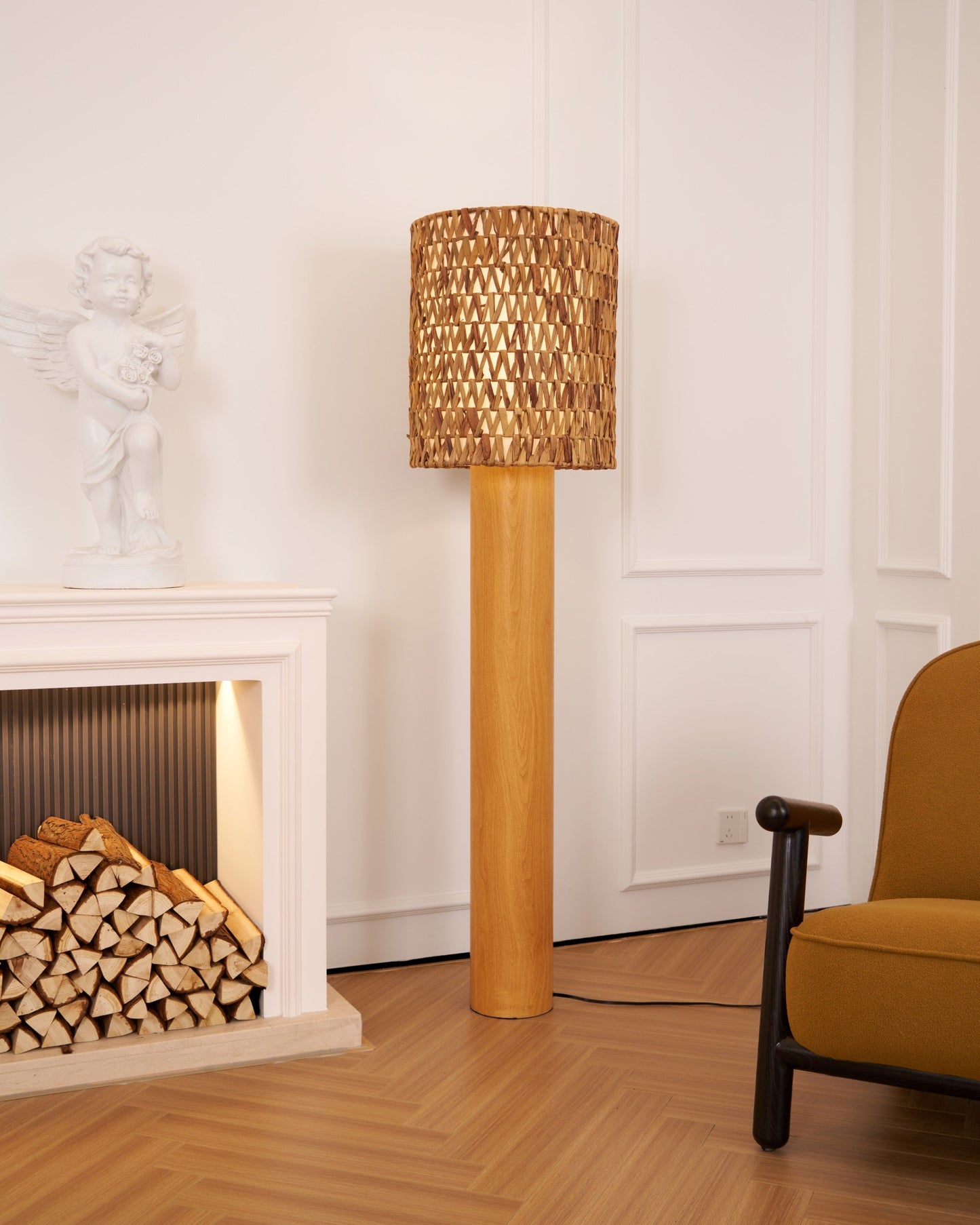 Brodie Wood Floor Lamp - Handmade Rattan & Chevron Weave Standing Light