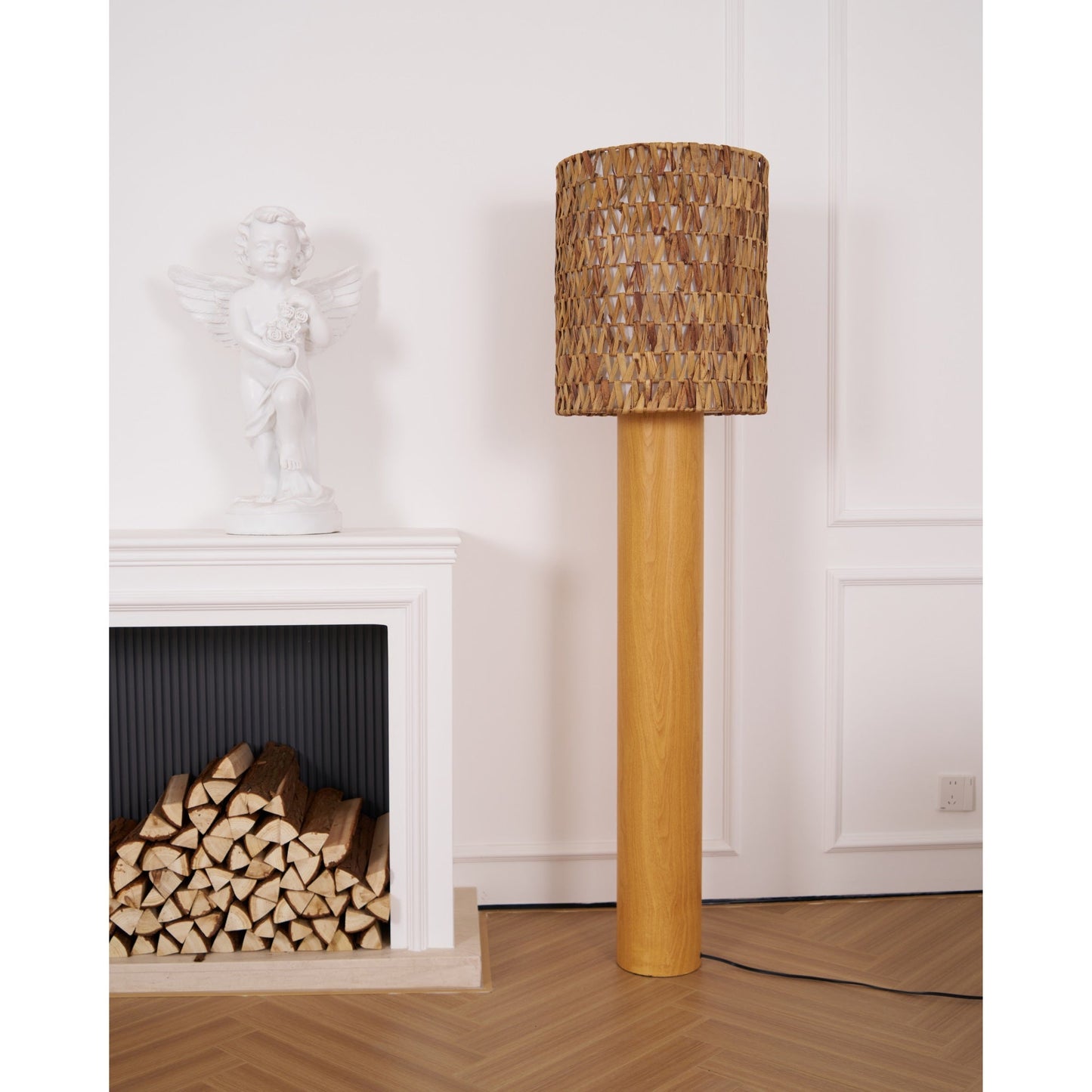 Brodie Wood Floor Lamp - Handmade Rattan & Chevron Weave Standing Light