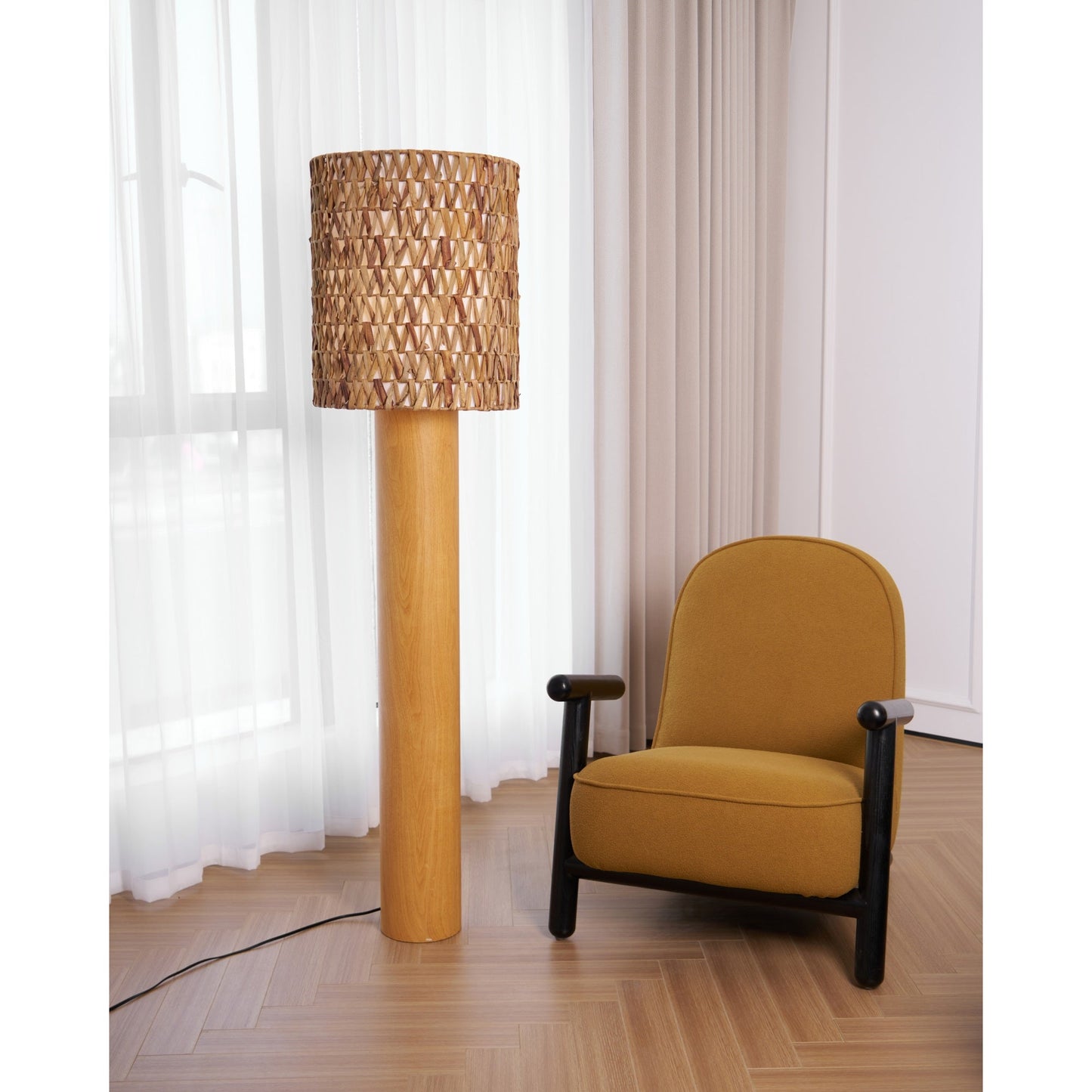 Brodie Wood Floor Lamp - Handmade Rattan & Chevron Weave Standing Light