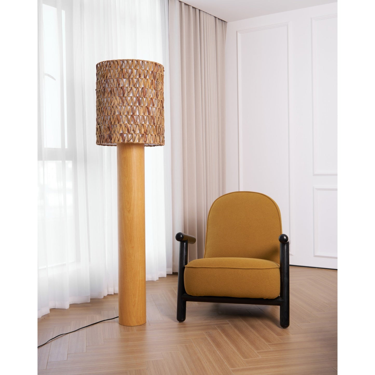Brodie Wood Floor Lamp - Handmade Rattan & Chevron Weave Standing Light