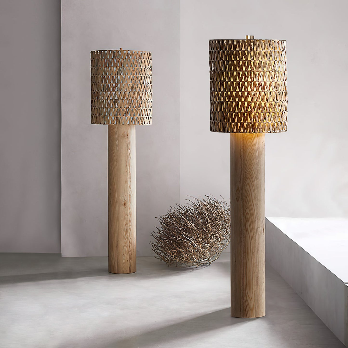 Brodie Wood Floor Lamp - Handmade Rattan & Chevron Weave Standing Light