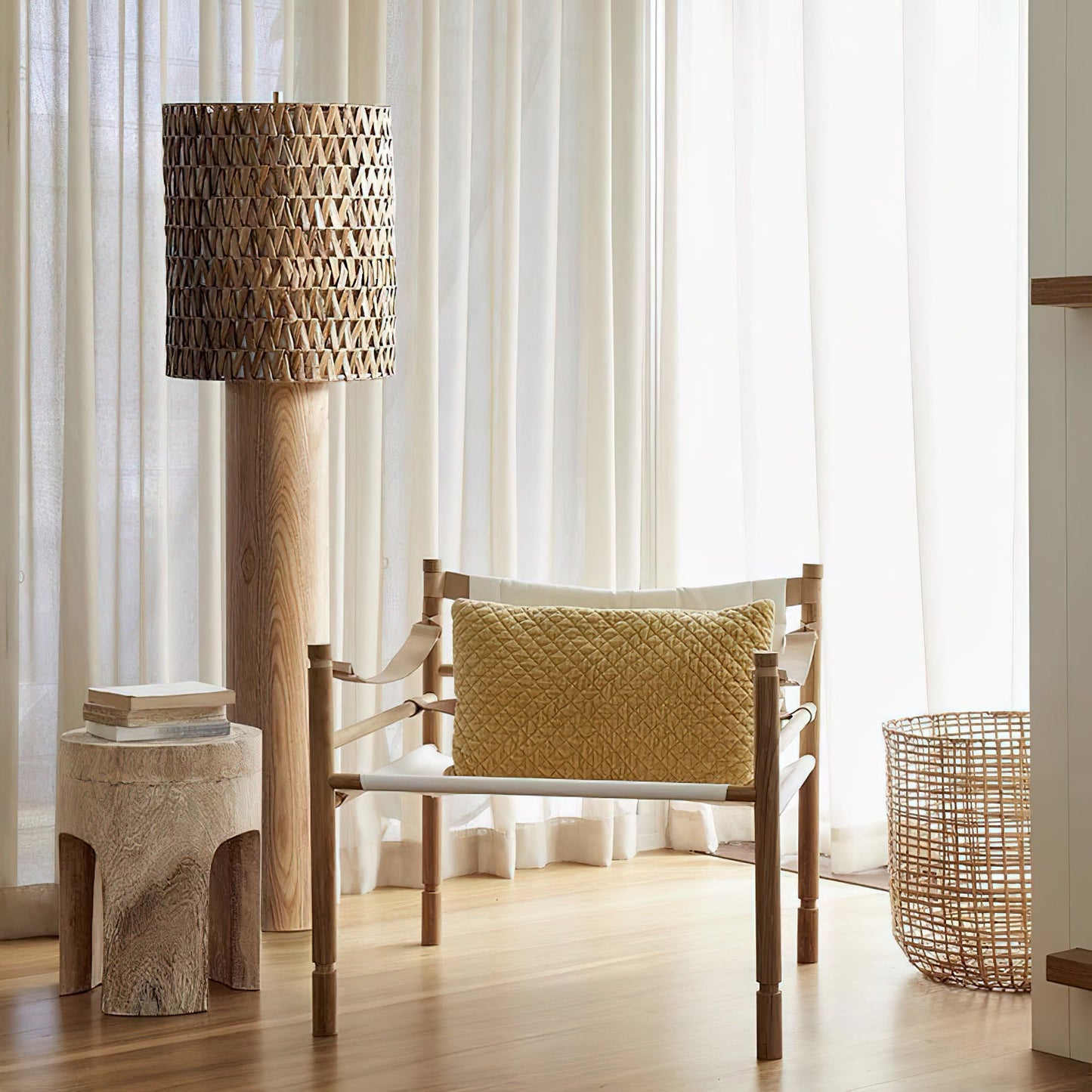 Brodie Wood Floor Lamp - Handmade Rattan & Chevron Weave Standing Light
