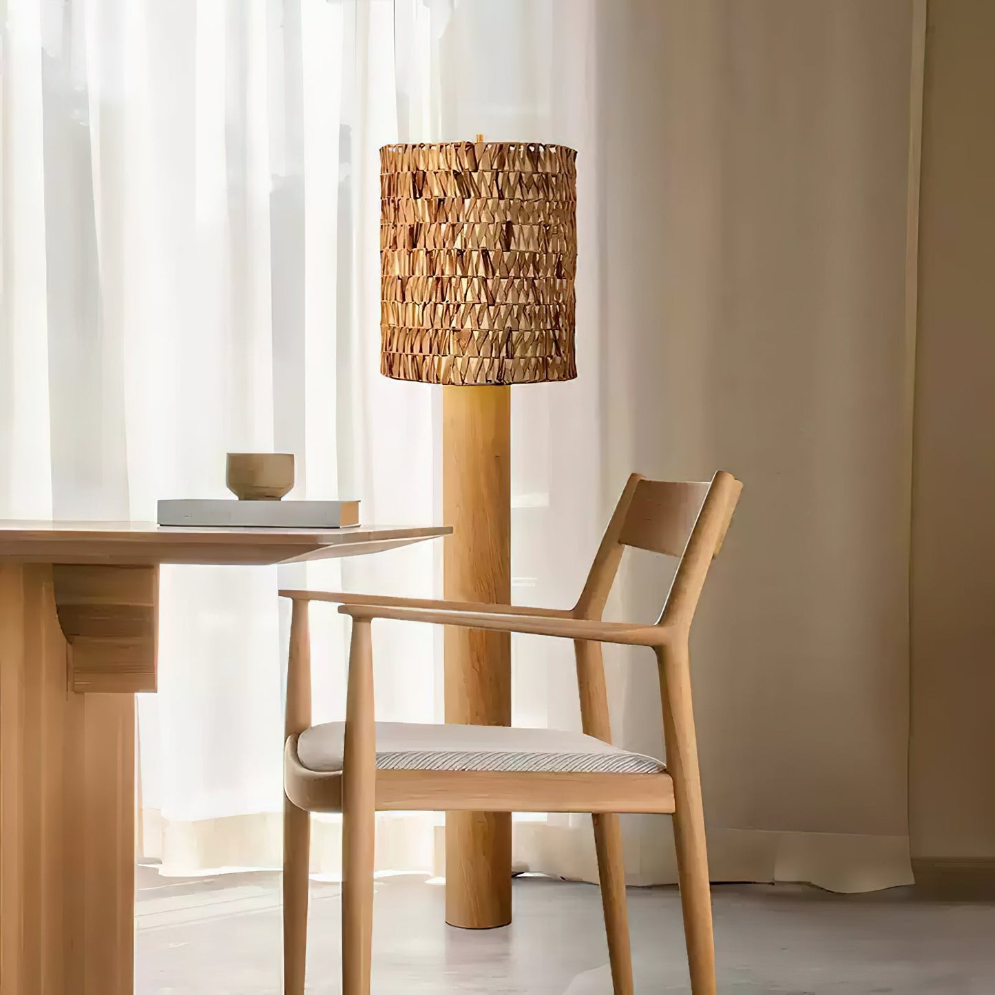 Brodie Wood Floor Lamp - Handmade Rattan & Chevron Weave Standing Light