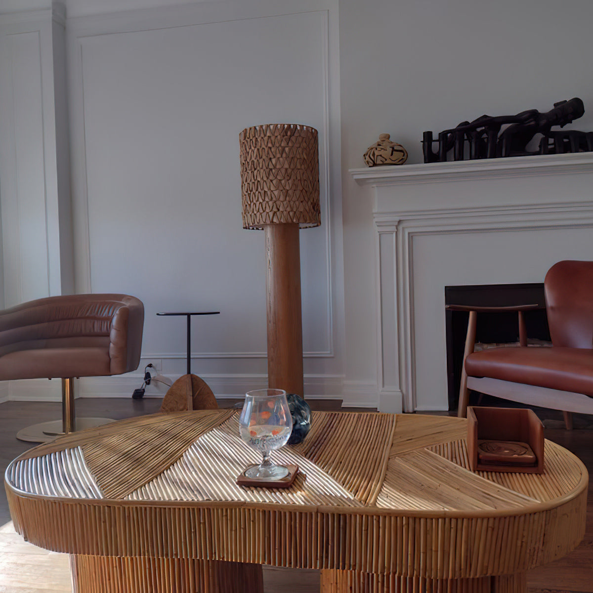Brodie Wood Floor Lamp - Handmade Rattan & Chevron Weave Standing Light