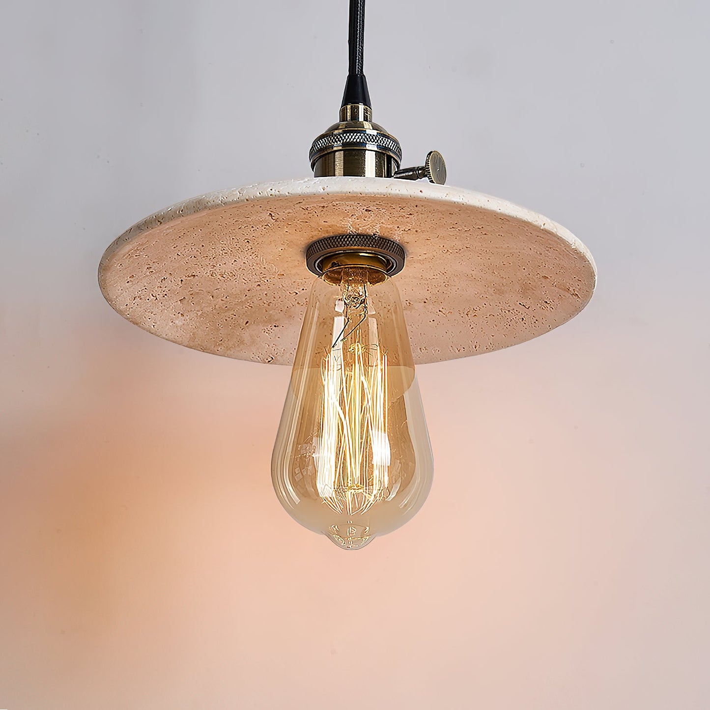 Brooklyn Flat Pendant Lamp - Natural Travertine & Antique Brass LED Hanging Light