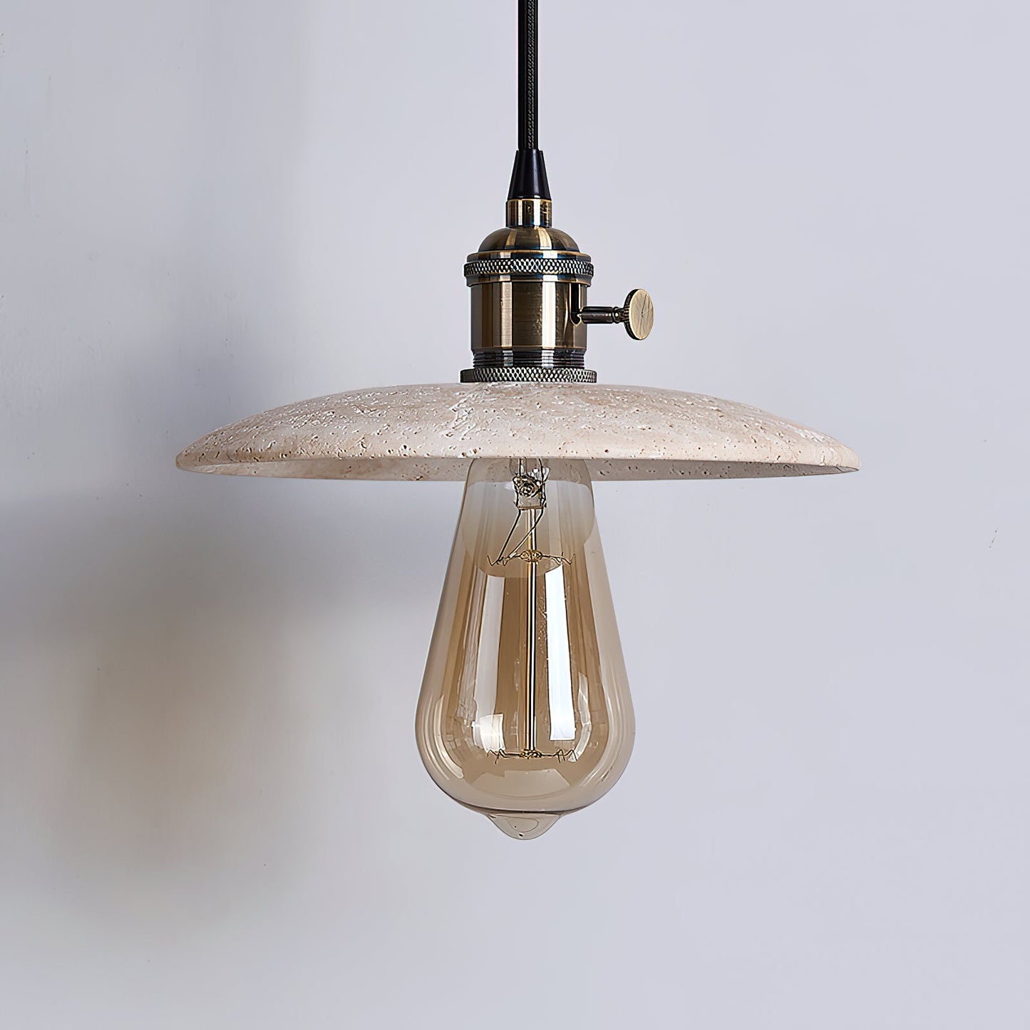Brooklyn Flat Pendant Lamp - Natural Travertine & Antique Brass LED Hanging Light