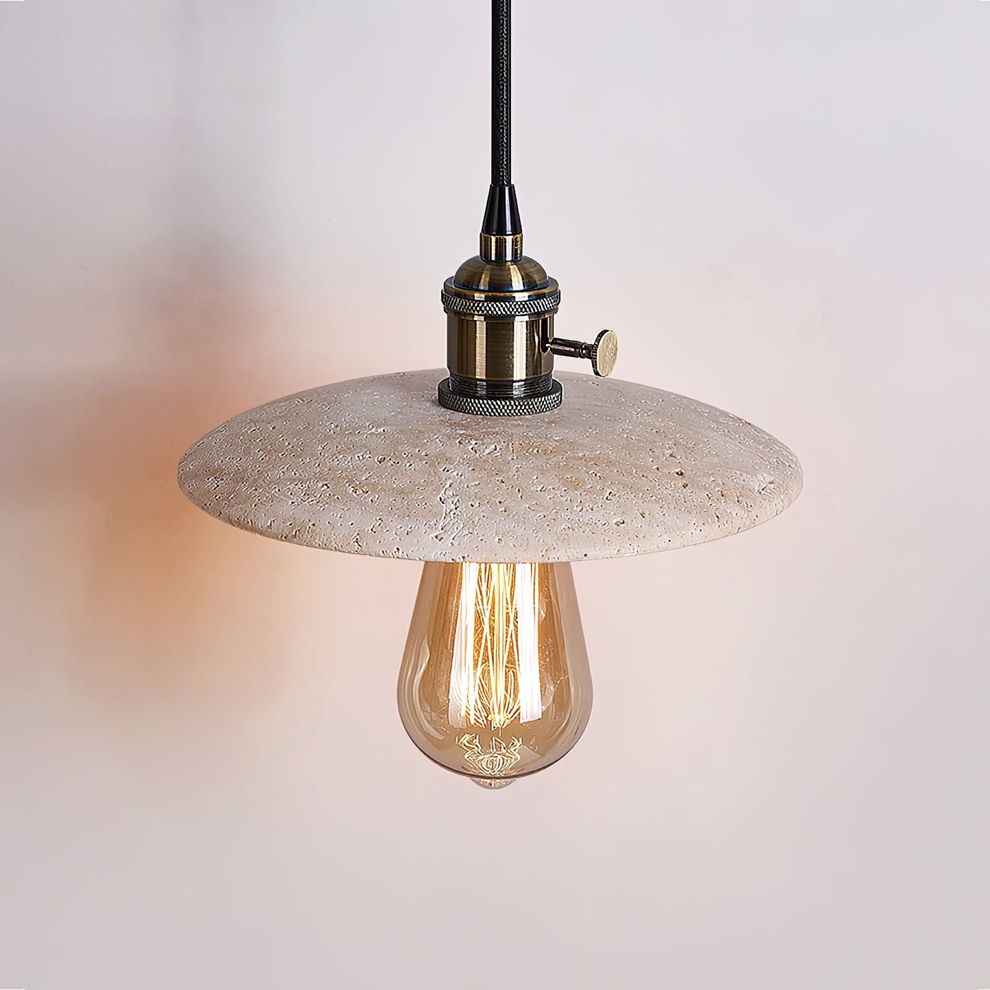 Brooklyn Flat Pendant Lamp - Natural Travertine & Antique Brass LED Hanging Light