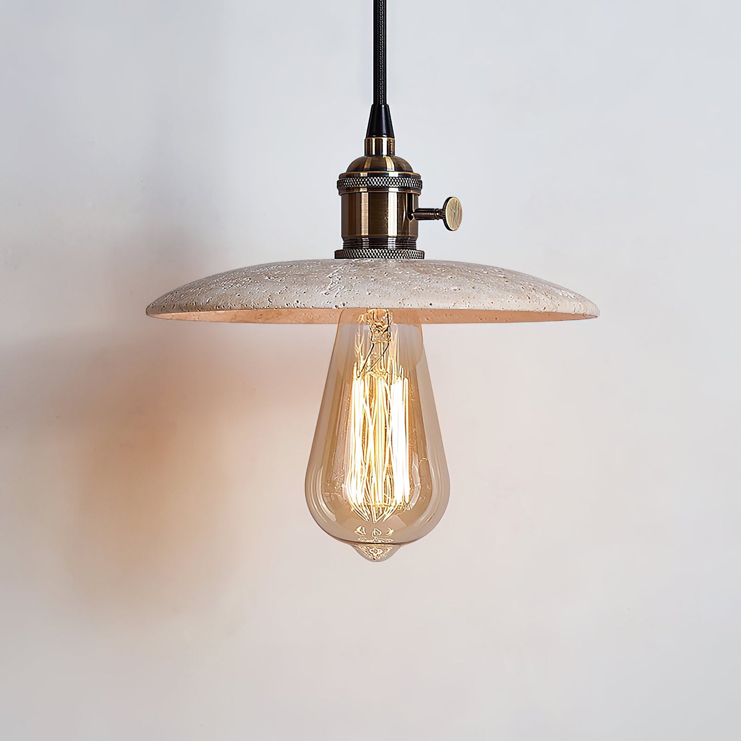 Brooklyn Flat Pendant Lamp - Natural Travertine & Antique Brass LED Hanging Light