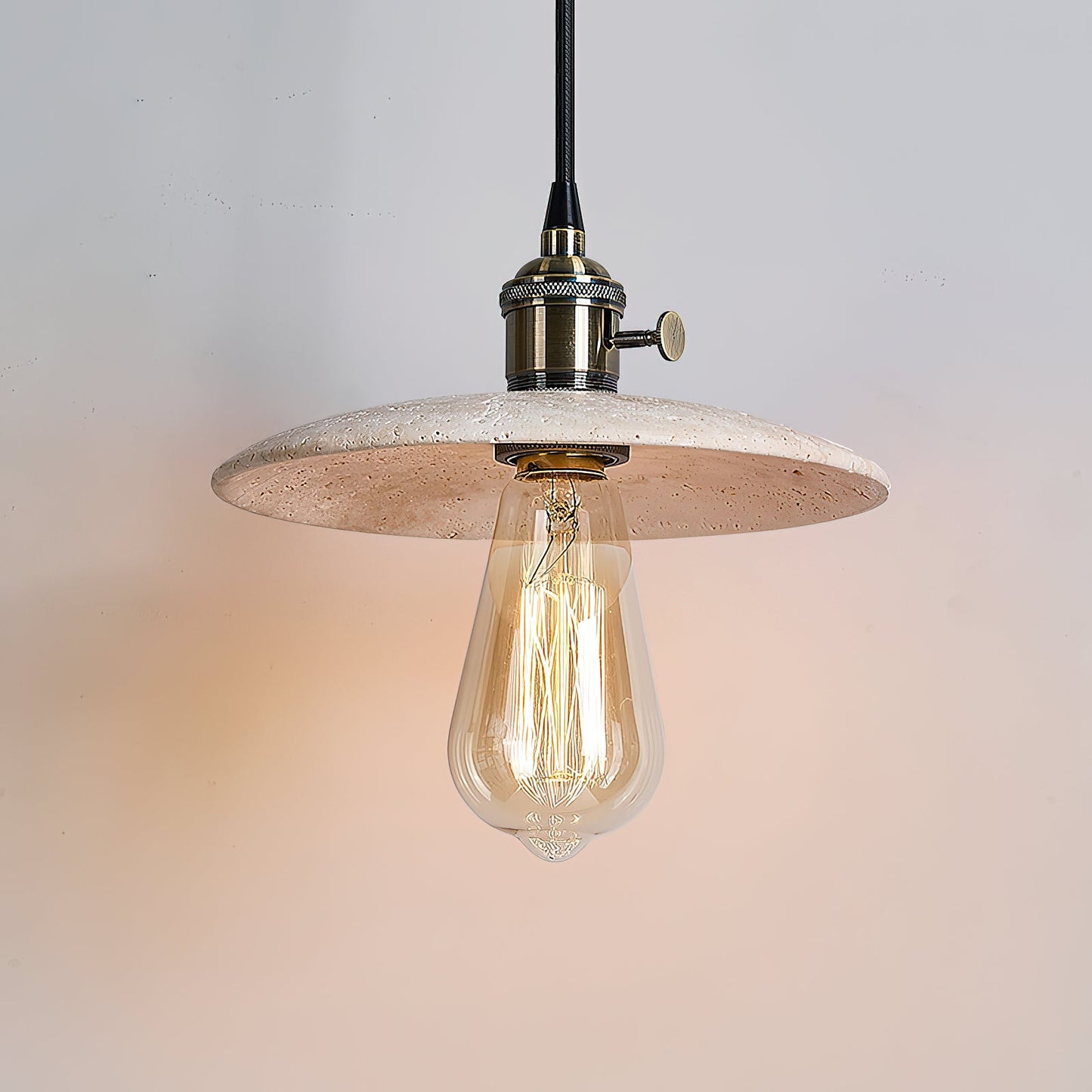 Brooklyn Flat Pendant Lamp - Natural Travertine & Antique Brass LED Hanging Light