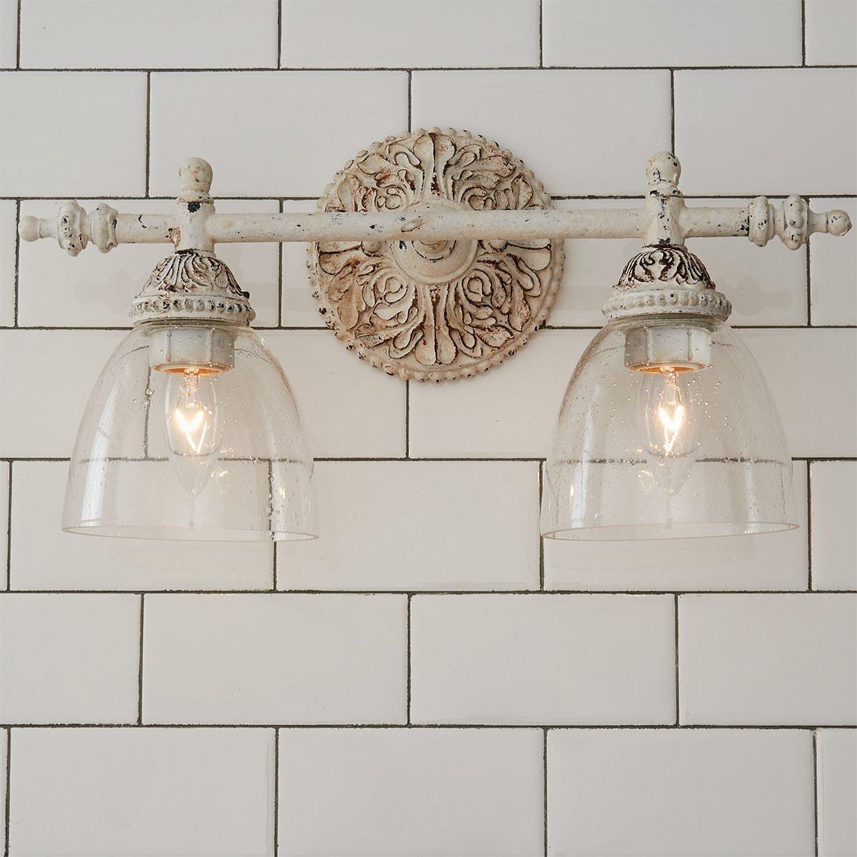 Brooks Vanity Wall Lamp - French Country Antique Brass & Seeded Glass Sconce