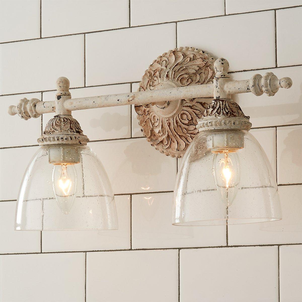 Brooks Vanity Wall Lamp - French Country Antique Brass & Seeded Glass Sconce