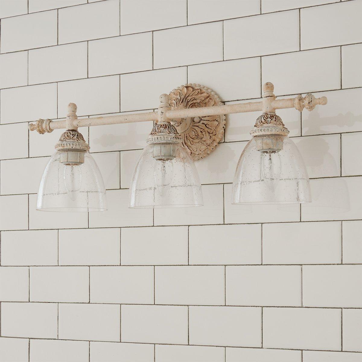 Brooks Vanity Wall Lamp - French Country Antique Brass & Seeded Glass Sconce