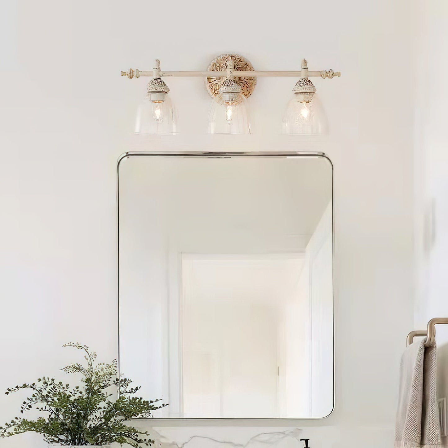 Brooks Vanity Wall Lamp - French Country Antique Brass & Seeded Glass Sconce
