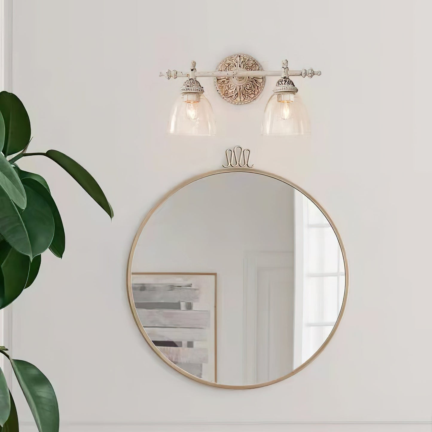Brooks Vanity Wall Lamp - French Country Antique Brass & Seeded Glass Sconce