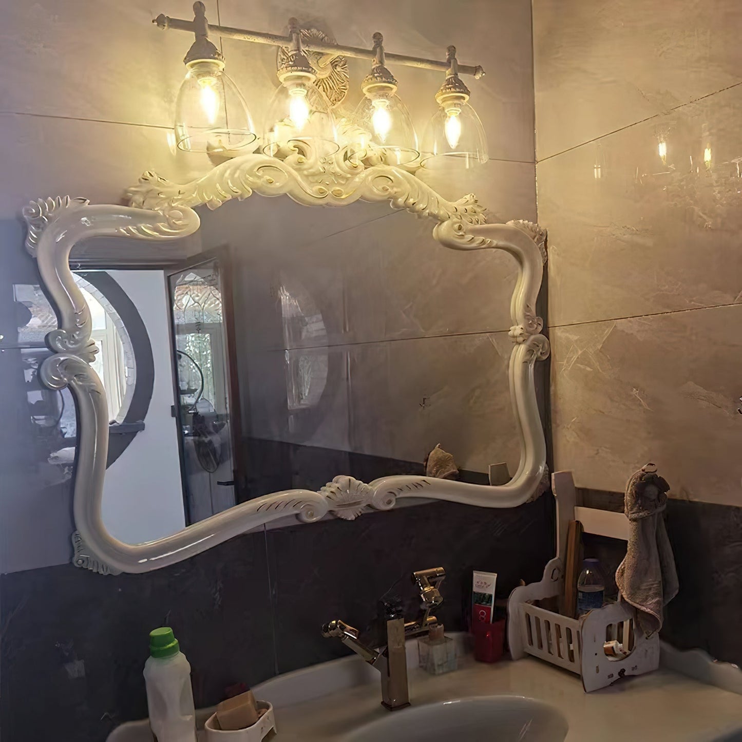 Brooks Vanity Wall Lamp - French Country Antique Brass & Seeded Glass Sconce