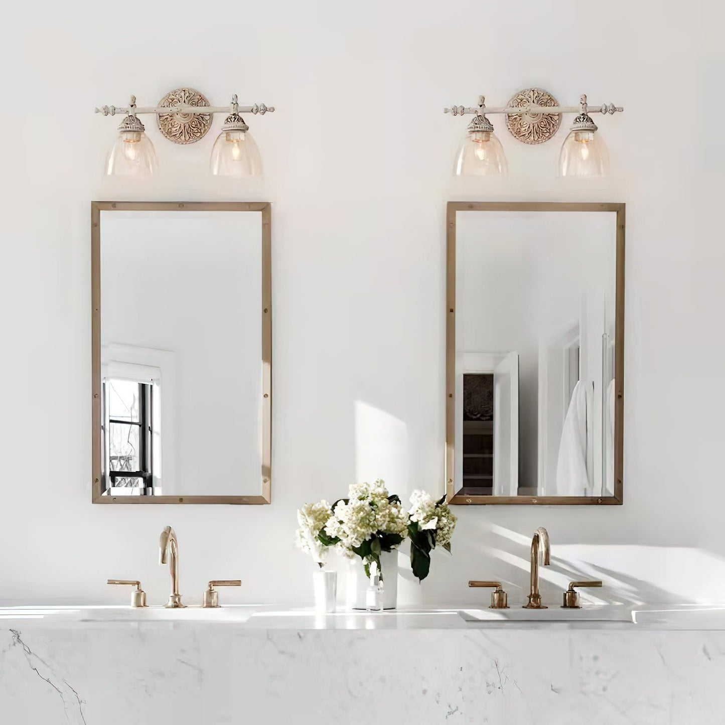 Brooks Vanity Wall Lamp - French Country Antique Brass & Seeded Glass Sconce