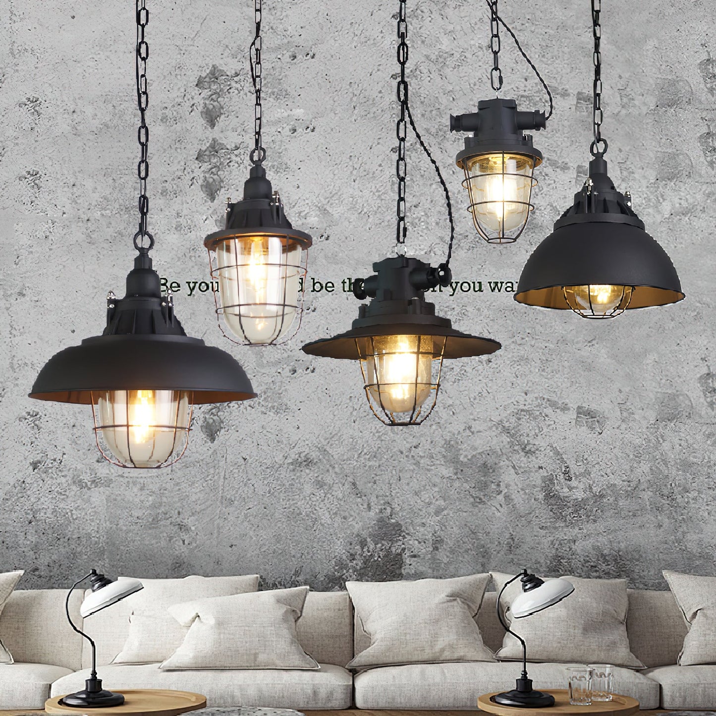 Bulkhead Cage Pendant Light - Industrial Nautical Aluminum Glass Sconce