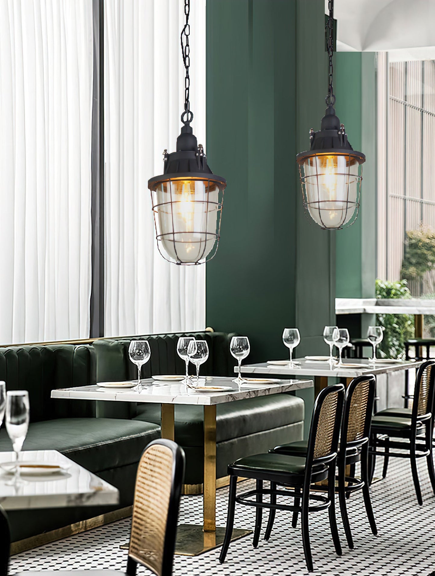 Bulkhead Cage Pendant Light - Industrial Nautical Aluminum Glass Sconce