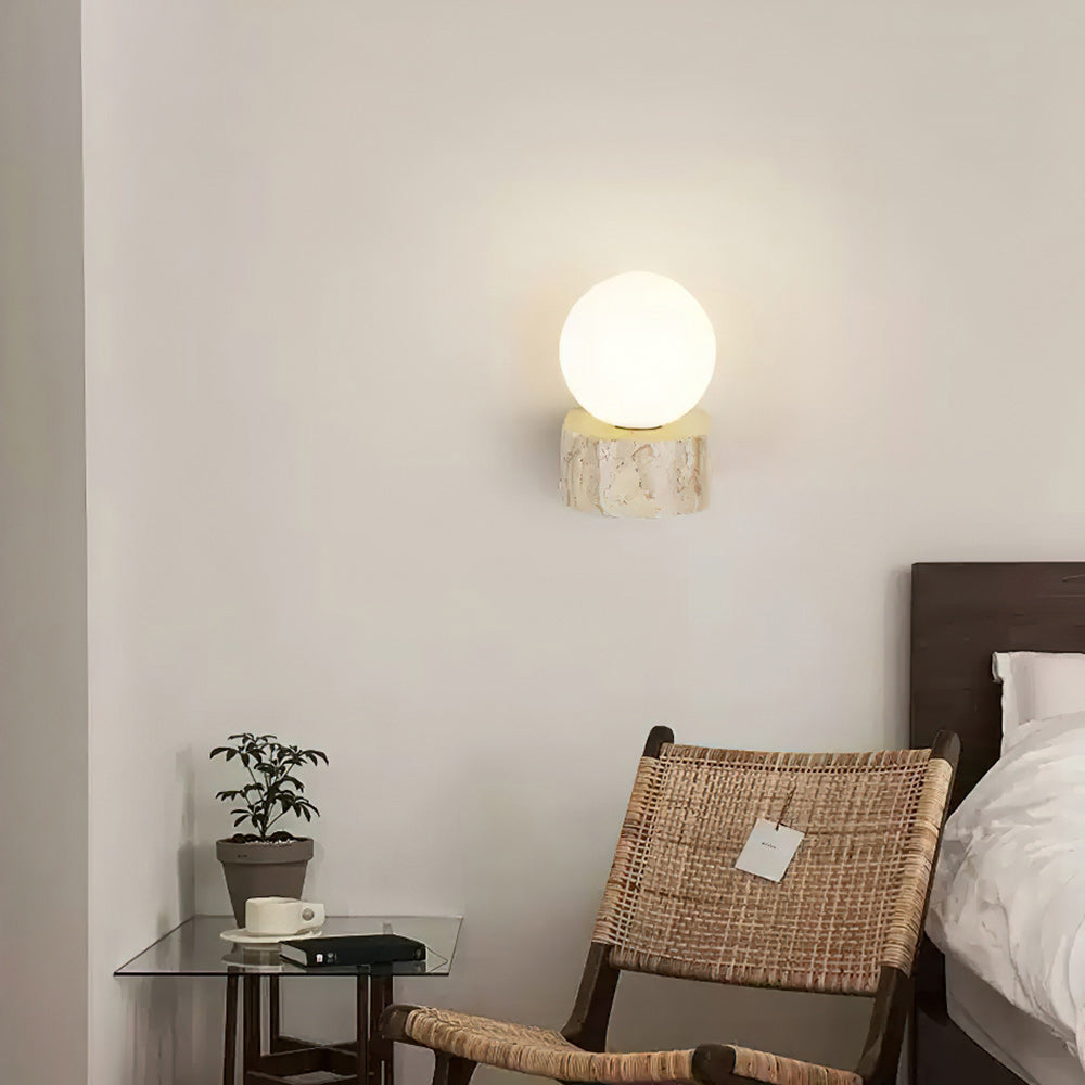 Modern Travertine & Glass Wall Sconce - Minimalist Stone Wall Light