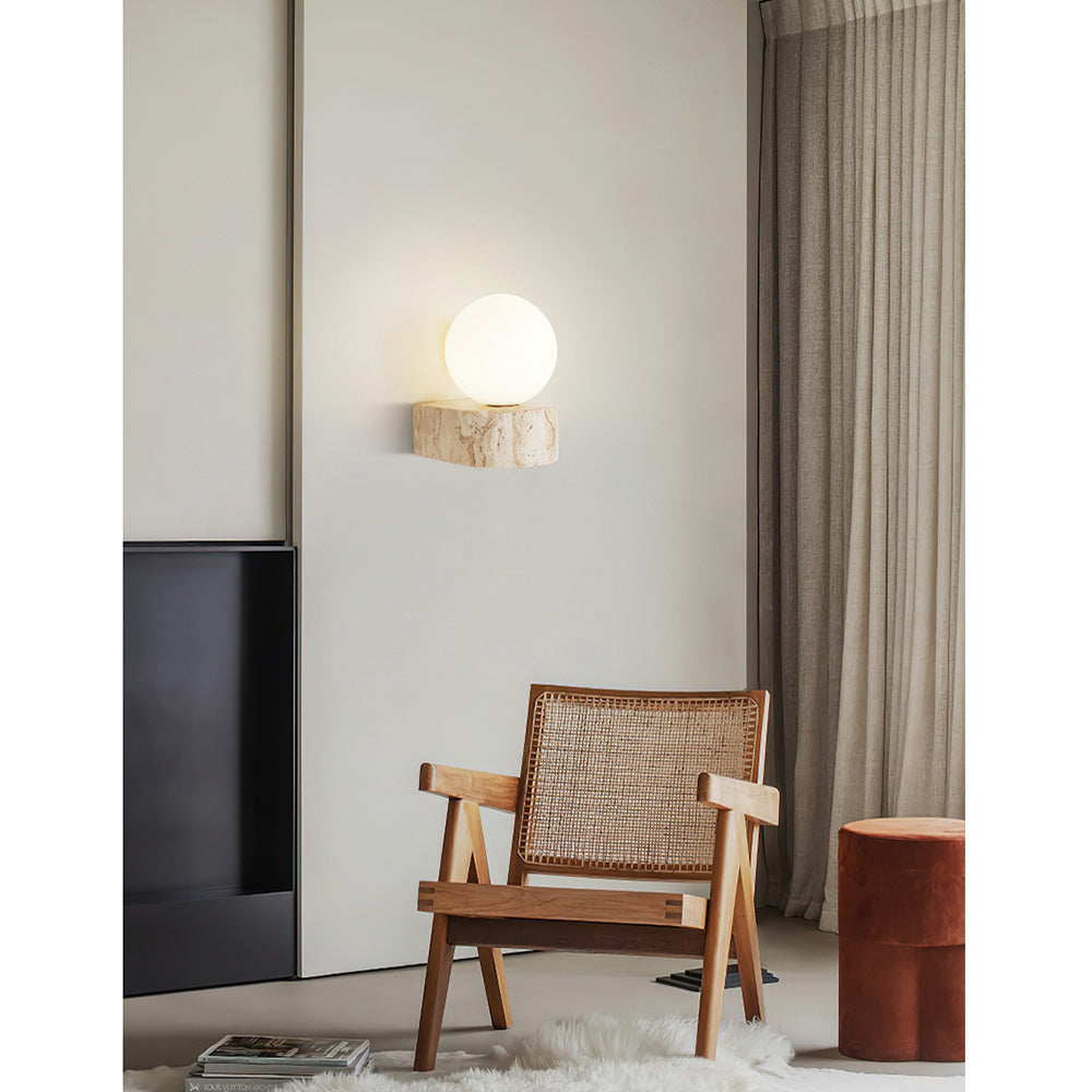 Modern Travertine & Glass Wall Sconce - Minimalist Stone Wall Light