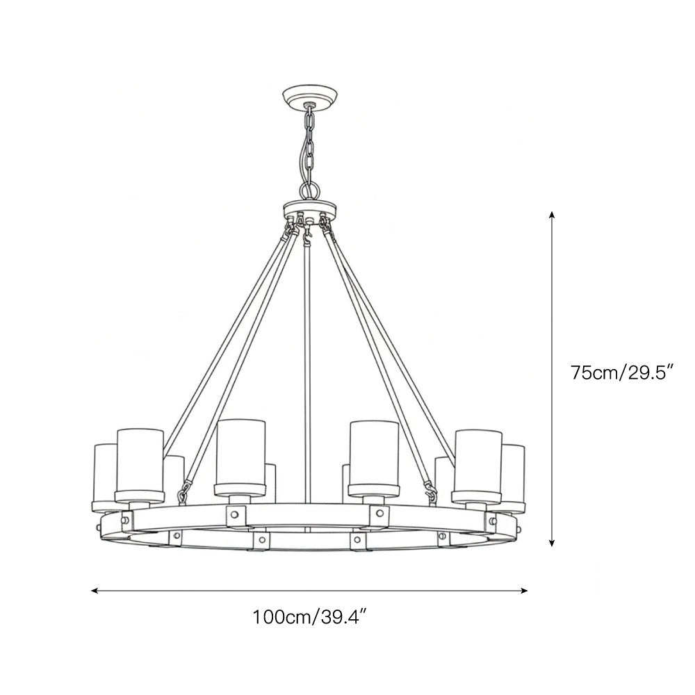 Cabot Rustic Chandelier – Ring-Framed Wood & Forged Iron Glass Cylinder Chandelier