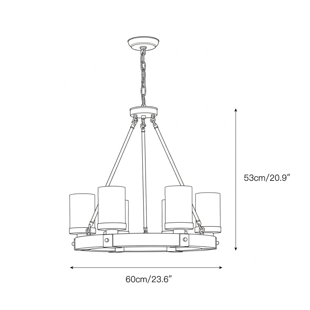 Cabot Rustic Chandelier – Ring-Framed Wood & Forged Iron Glass Cylinder Chandelier