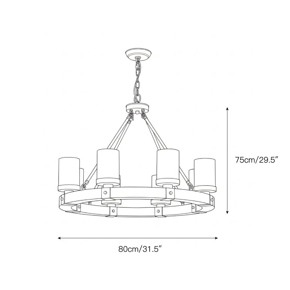 Cabot Rustic Chandelier – Ring-Framed Wood & Forged Iron Glass Cylinder Chandelier
