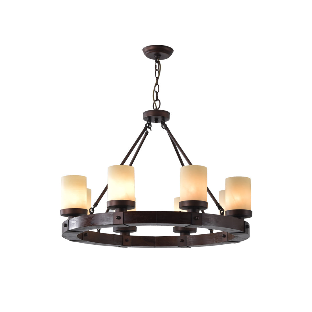 Cabot Rustic Chandelier – Ring-Framed Wood & Forged Iron Glass Cylinder Chandelier