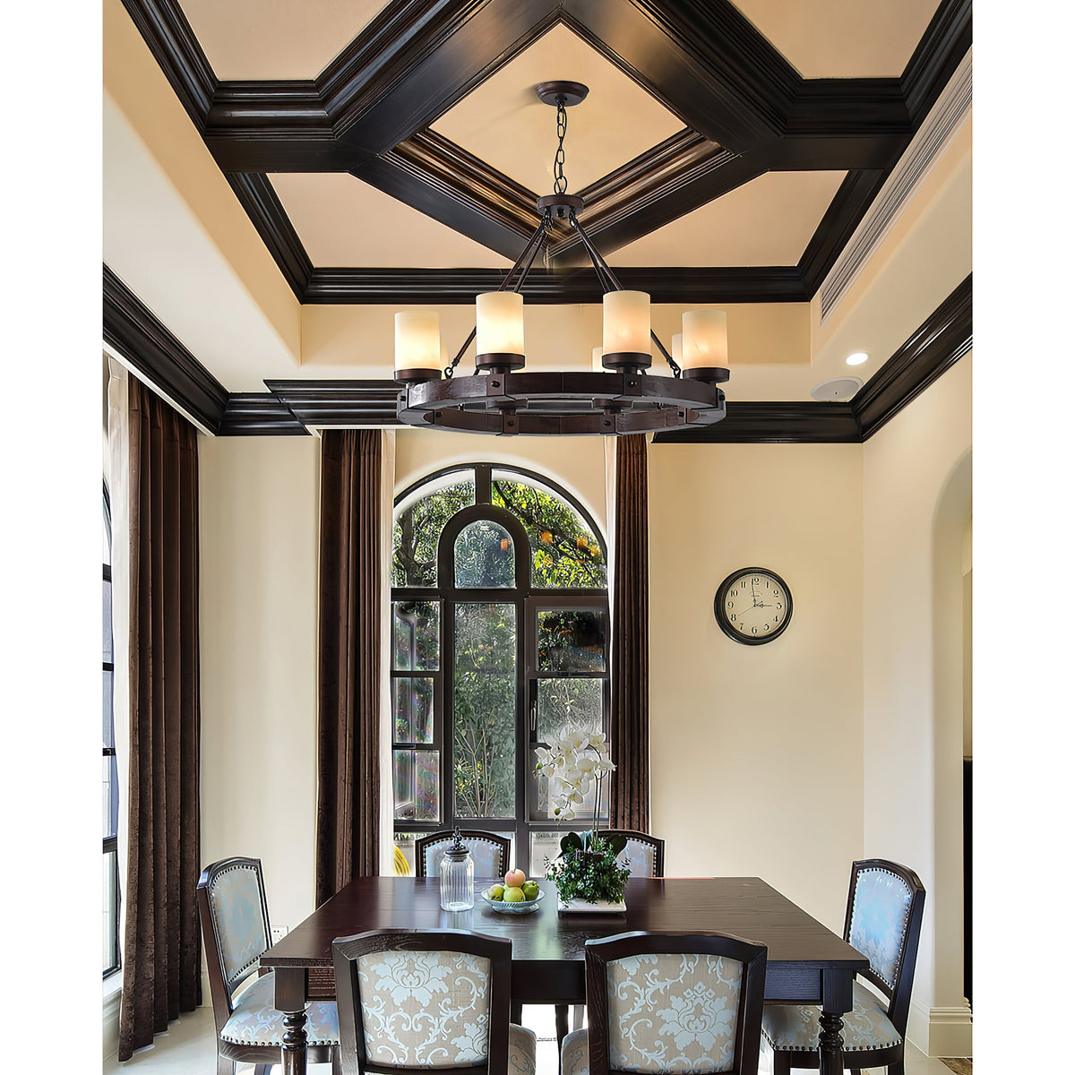 Cabot Rustic Chandelier – Ring-Framed Wood & Forged Iron Glass Cylinder Chandelier