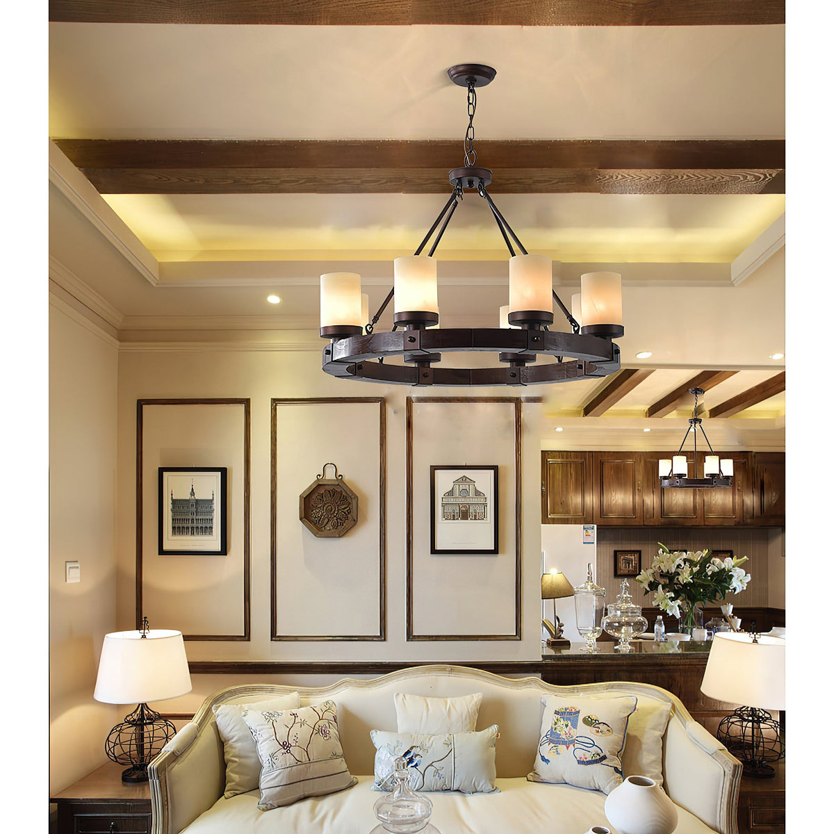 Cabot Rustic Chandelier – Ring-Framed Wood & Forged Iron Glass Cylinder Chandelier