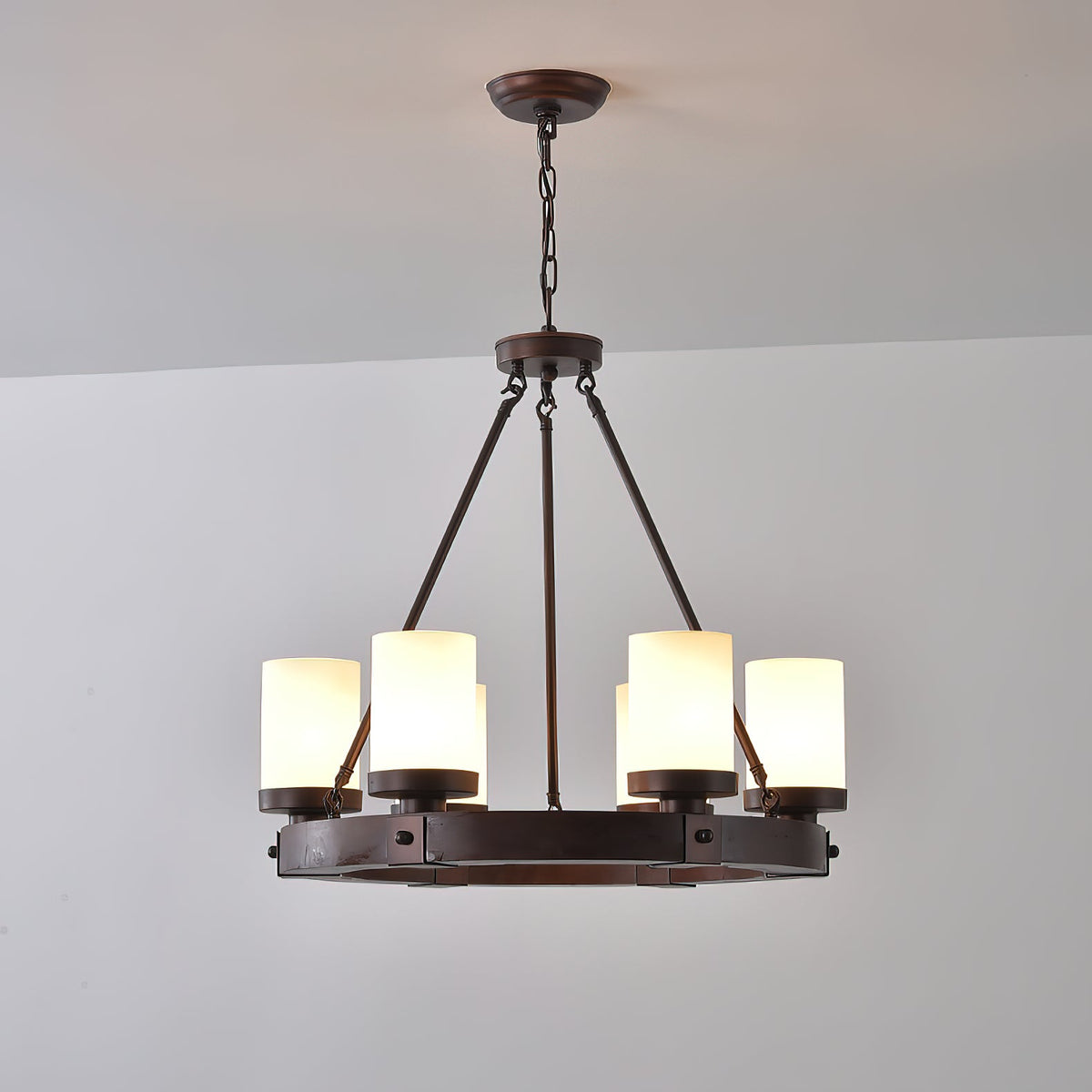 Cabot Rustic Chandelier – Ring-Framed Wood & Forged Iron Glass Cylinder Chandelier