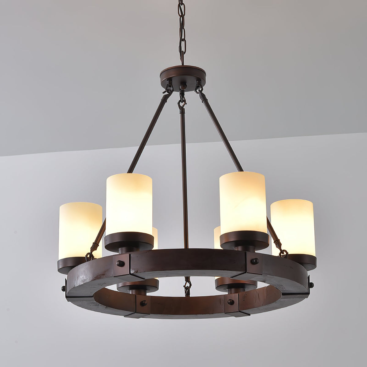Cabot Rustic Chandelier – Ring-Framed Wood & Forged Iron Glass Cylinder Chandelier