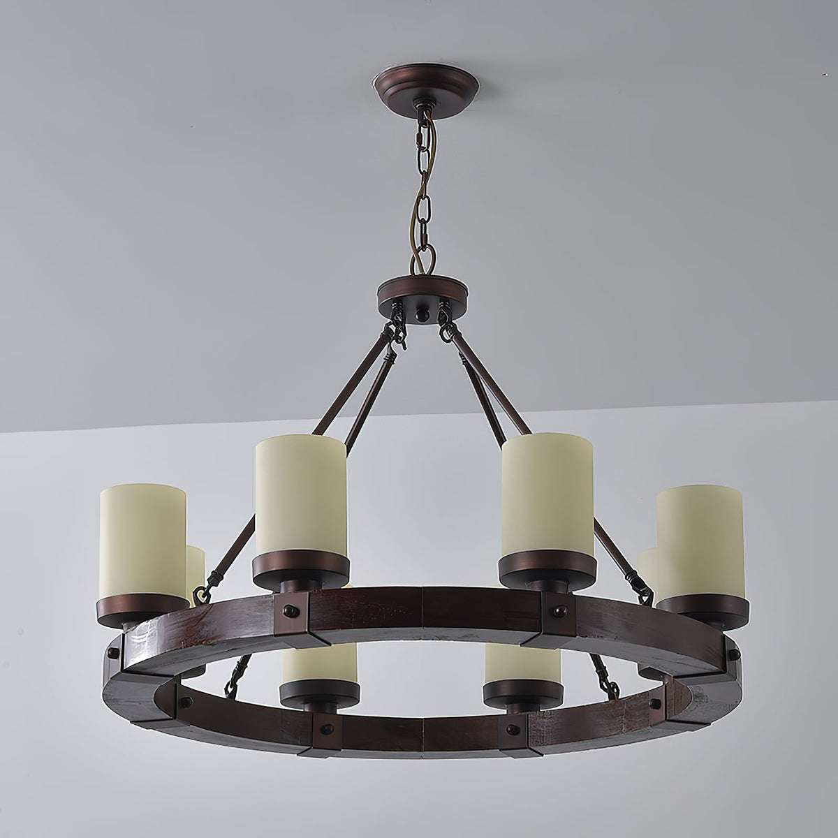 Cabot Rustic Chandelier – Ring-Framed Wood & Forged Iron Glass Cylinder Chandelier