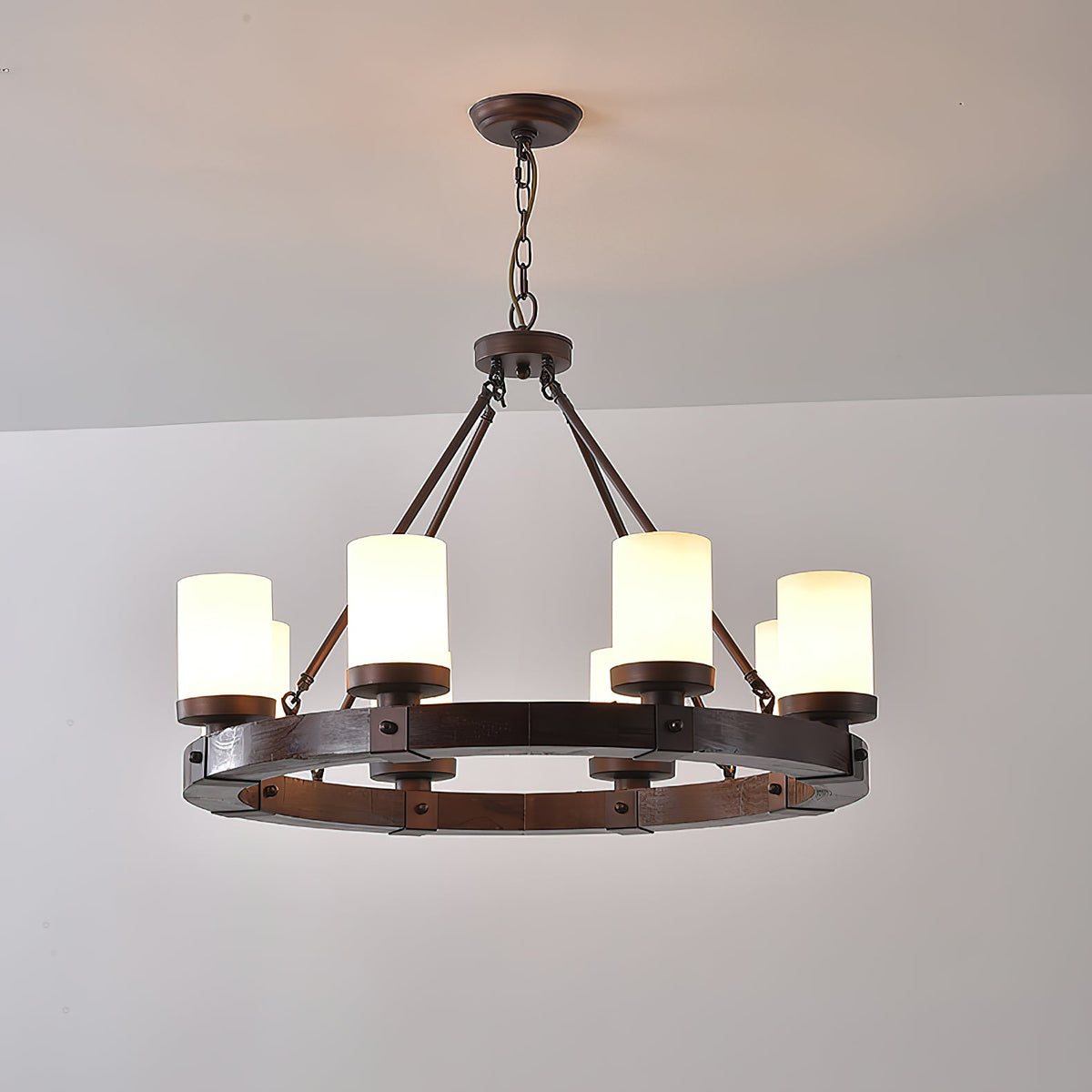 Cabot Rustic Chandelier – Ring-Framed Wood & Forged Iron Glass Cylinder Chandelier