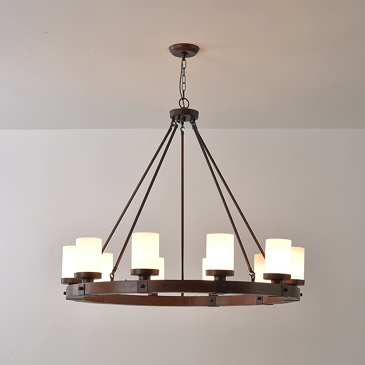 Cabot Rustic Chandelier – Ring-Framed Wood & Forged Iron Glass Cylinder Chandelier