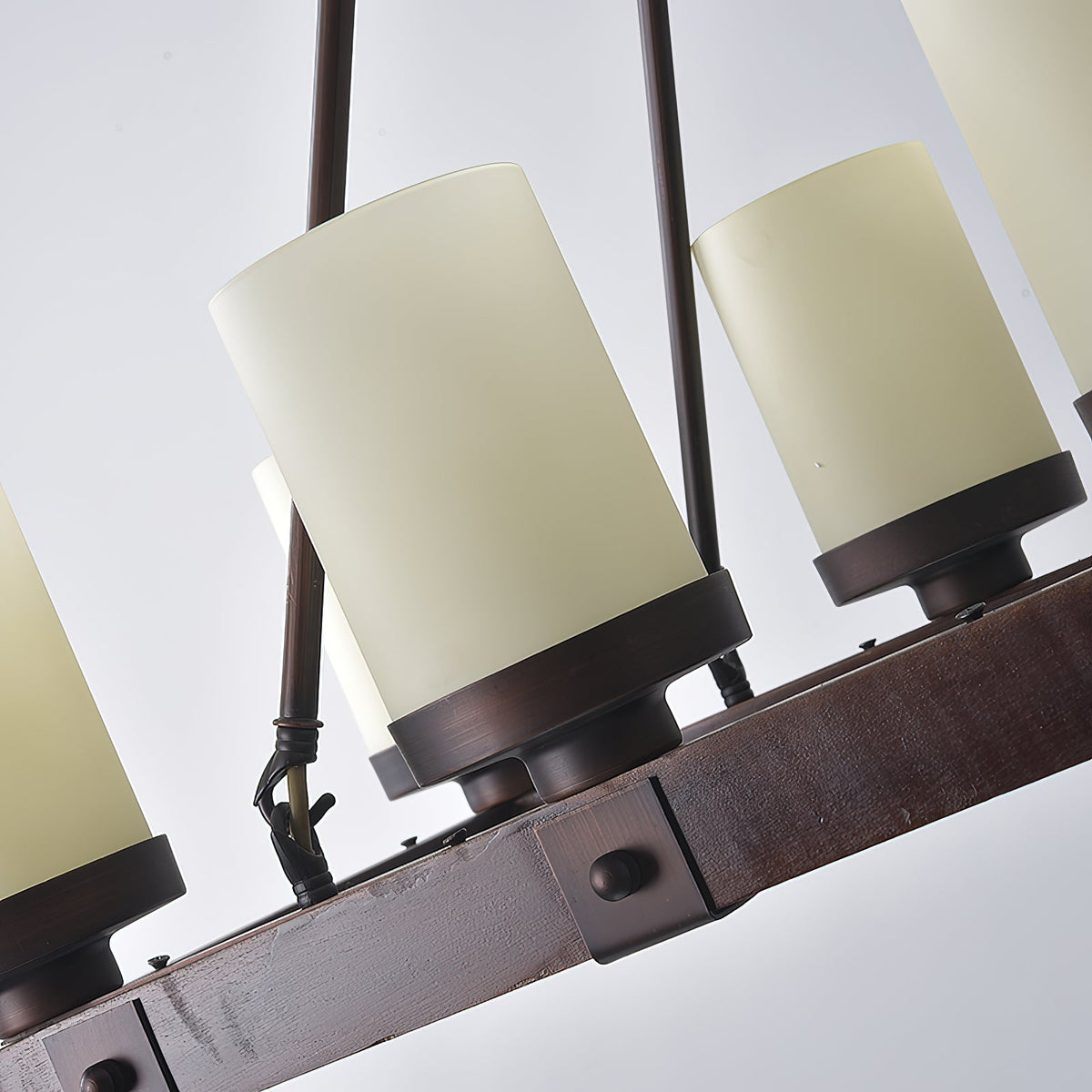 Cabot Rustic Chandelier – Ring-Framed Wood & Forged Iron Glass Cylinder Chandelier