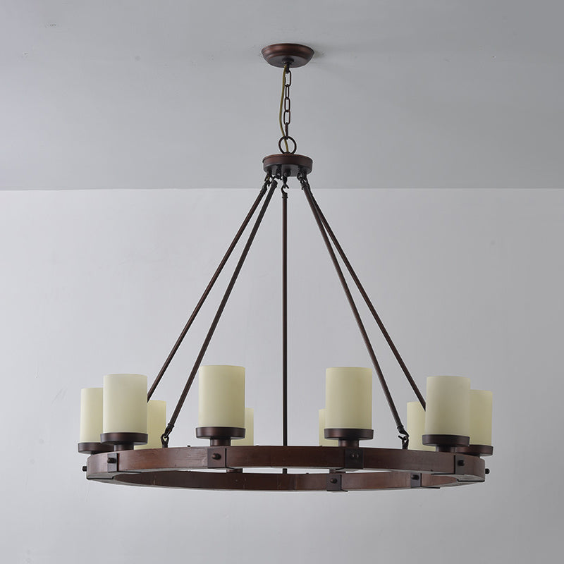 Cabot Rustic Chandelier – Ring-Framed Wood & Forged Iron Glass Cylinder Chandelier