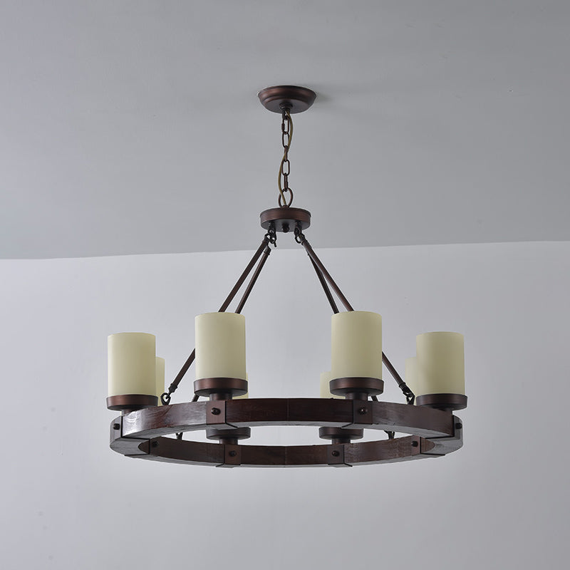 Cabot Rustic Chandelier – Ring-Framed Wood & Forged Iron Glass Cylinder Chandelier