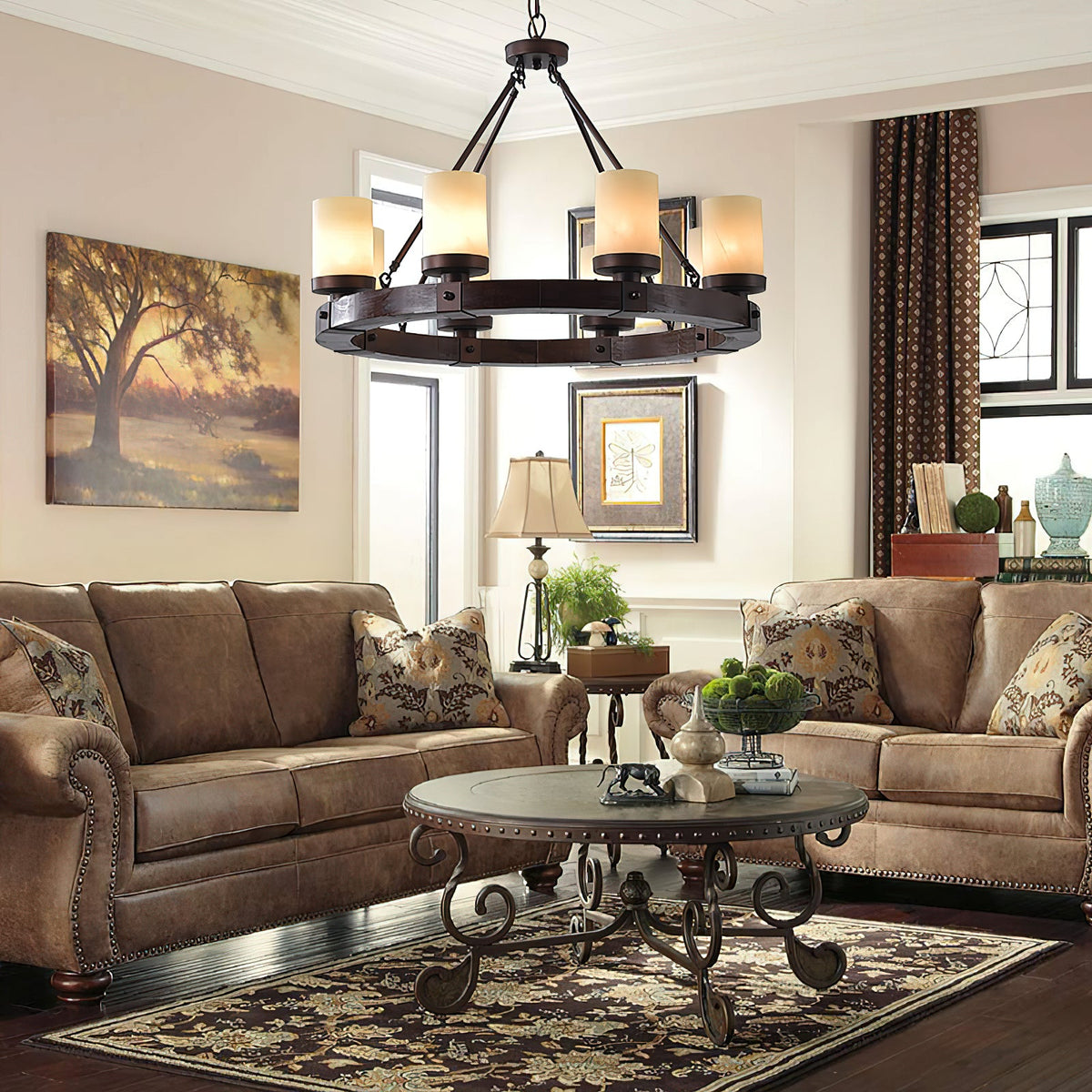 Cabot Rustic Chandelier – Ring-Framed Wood & Forged Iron Glass Cylinder Chandelier