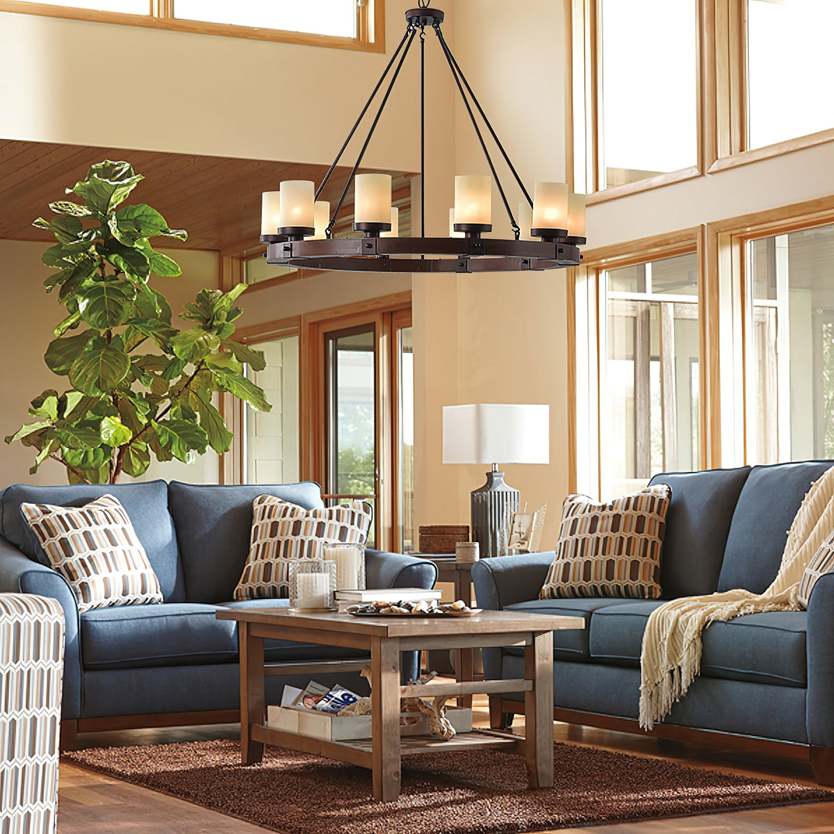 Cabot Rustic Chandelier – Ring-Framed Wood & Forged Iron Glass Cylinder Chandelier